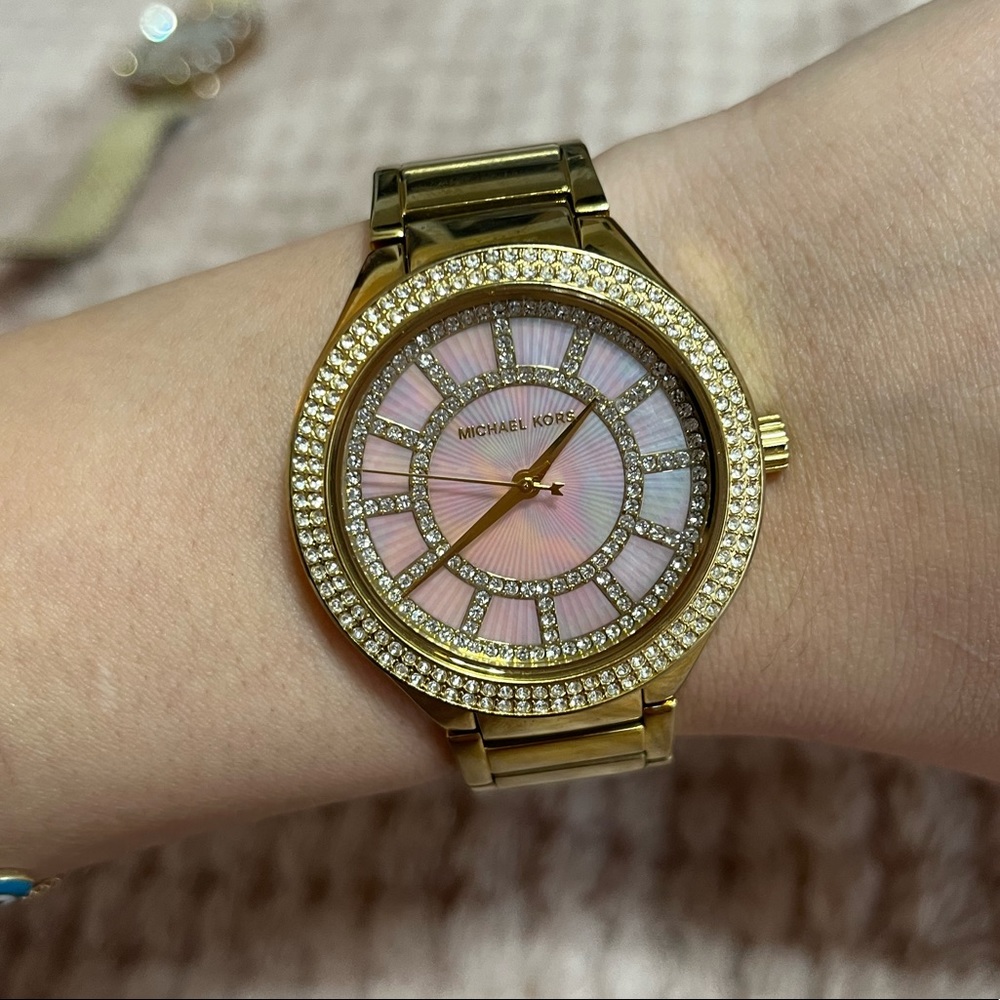 Michael Kors MK3396 Mother of Pearl Rhinestone Watch, Gold Tone Stainless Steel